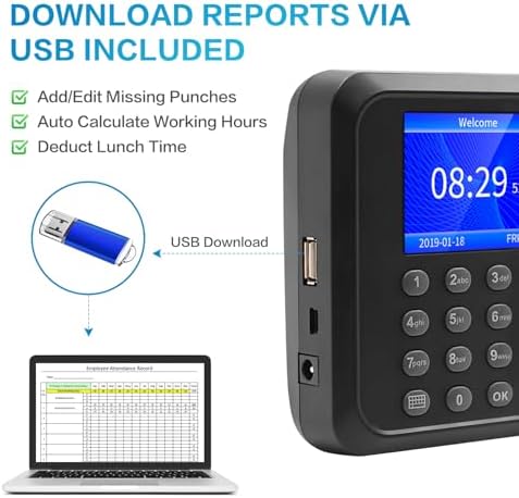Fingerprints Time Clocks for Employees Small Business, Deduct Lunch Time & Calculate Working Hours Time Clocks Supporting Multiple Shift Schedules, 0 Monthly Fees No Need WiFi Standalone Time Clock