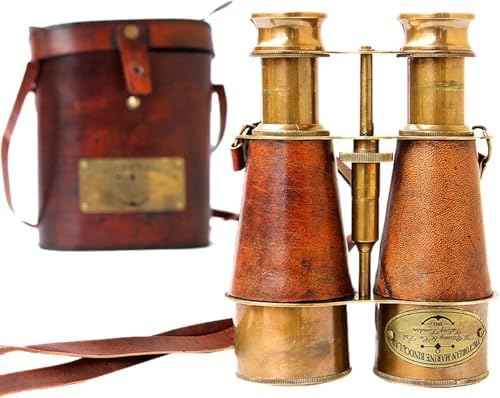 Victorian Marine Binocular, Antique Brass and Leather, Nautical Style, with Leather Carrying Case, Outdoor Camping