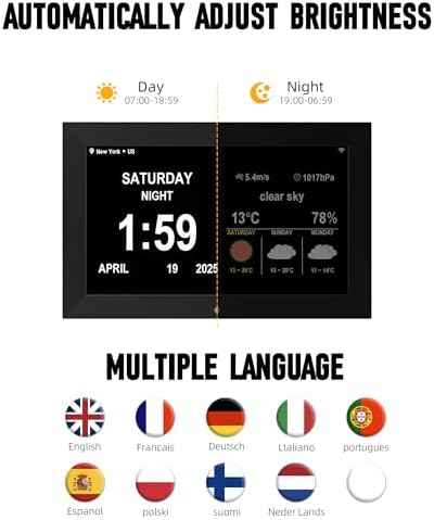 WiFi Clock with Date, Alarm, Weather, Temperature & Humidity Display – Auto Brightness, Multiple Alarms, suitable for the elderly and Alzheimer's patients.