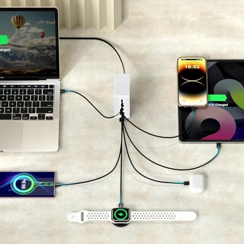 USB C Charger Station 200W PD QC3.0 GaN Fast Charging Block 7 Port (White)