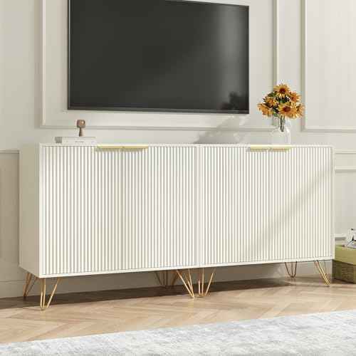 Fluted Storage Cabinet Sideboard Accent Cabinet with 2 Doors, White, 1PC丨Buffet Cabinet with Metal Legs and Adjustable Shelf for Kitchen, Dining Room, Living Room, Office