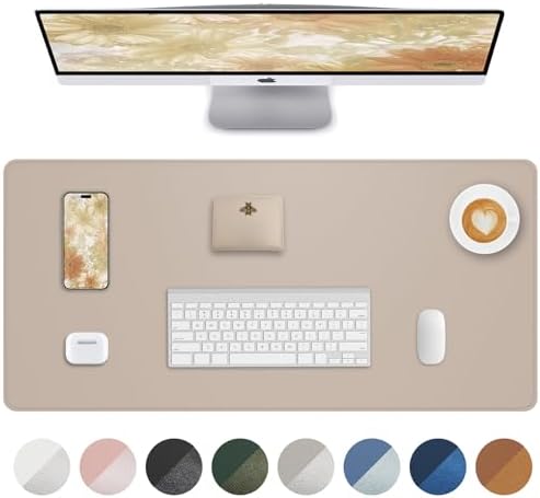 Leather Desk Protector, Large Mouse Pad, Non-Slip, Waterproof PU Leather Blotter Mat, Desk Cover for Office and Home (Beige, 36" x 17")