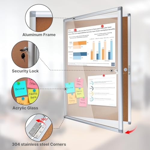 Enclosed Cork Bulletin Board Tamper-Proof Dispaly Case, Aluminium Frame, All-Weather Cork Noticeboard, Outdoor Enclosed Cork Board for School, Office, Restaurant, Hospital (38 X 26 Inches)