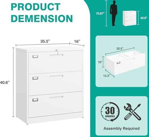 SISESOL 3 Drawer Lateral File Cabinet with Lock,White Lateral Filing Cabinet,Horizontal Metal Filing Cabinets,Locked Wide Three Drawer File Cabinets for Office Home,Fit A4/F4/Letter/Legal File