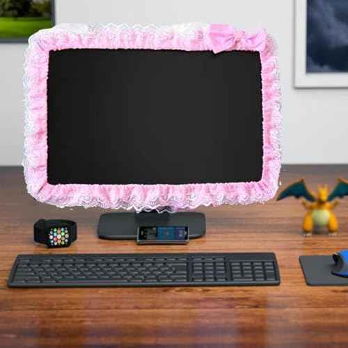 Computer Monitor Cover with Lovely Cute Elastic Pen Pocket Bow-knot TV LCD Screen Monitor Decoration Dust Cover Protector, lace fabric (17''-22''，Pink)