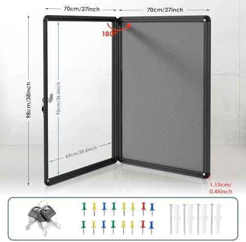 38x28 in Enclosed Bulletin Board Locking Display Case, Grey Felt