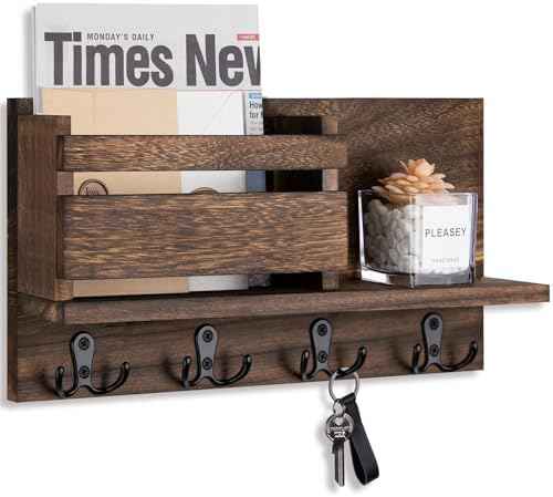 Key and Mail Holder for Wall Decorative - Rustic Mail Organizer Wall Mount, Wooden Letter Sorter Organizer with 4 Key Rack Hooks for Hallway Kitchen Farmhouse Decor (Brown)