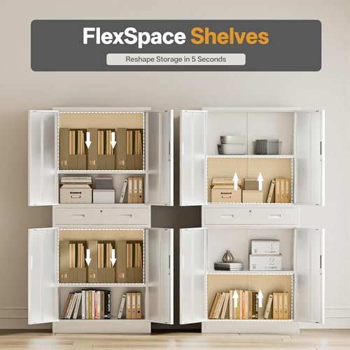 Metal Storage with 1 Drawer, 71" Cabinet with 4 Locking Doors and 2 Adjustable Shelves, Steel Storage File Cabinet for Pantry, Kitchen, Office, Garage (White)