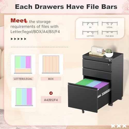 Superday Black File Cabinet 3 Drawer, Fully Assemble Metal Rolling Vertical Filing Cabinet with Wheels, Small Under Desk File Cabinets for Home Office