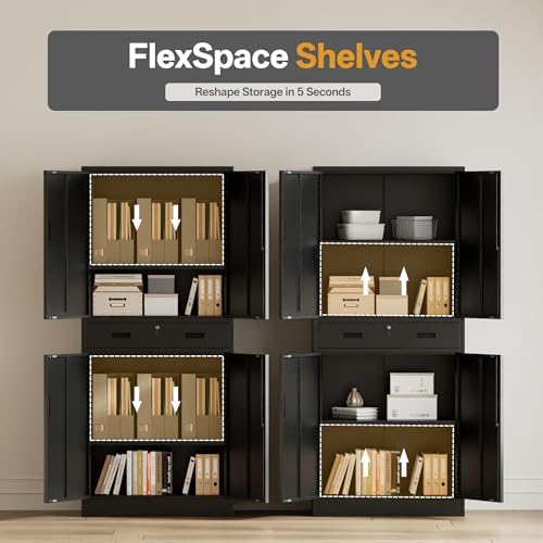 Metal Storage Cabinets with 1Drawer, 71" Storage Cabinet with 4 Locking Doors and 2 Adjustable Shelves, Steel Storage File Cabinet for Pantry Home, Kitchen, Office, Garage (Black)
