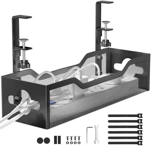 Under Desk Cable Management Tray No Drill, Metal Mesh Cable Management Under Desk with Clamp Mount, 2 Hole Cable Tray with Wire Management and Cord Organizer for Home Office Standing Desk