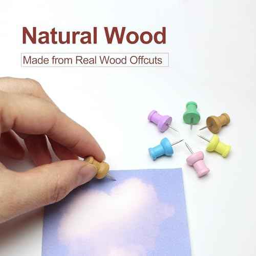 Colorful Wood Push Pins, Decorative Wooden Thumb Tacks for Cork Board and Bulletin Board, Map Pins for Wall, 60 Pieces