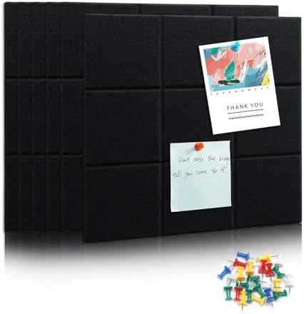 6 Packs Black Cork Board Felt Board Tiles, Bulletin Board 12"X12" with 30 Push Pins, Felt Board for Home Kitchen Office Decor, Self-Adhesive Corkboard Tiles for Walls School Message Display Board
