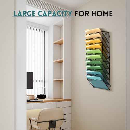 SUPEASY 10 Tier Wall File Organizer, Hanging Wall Mounted Mail Organizer with Label Slots, Metal Mesh File Holder Magazine Rack for Office, Home, School or Classroom, Black