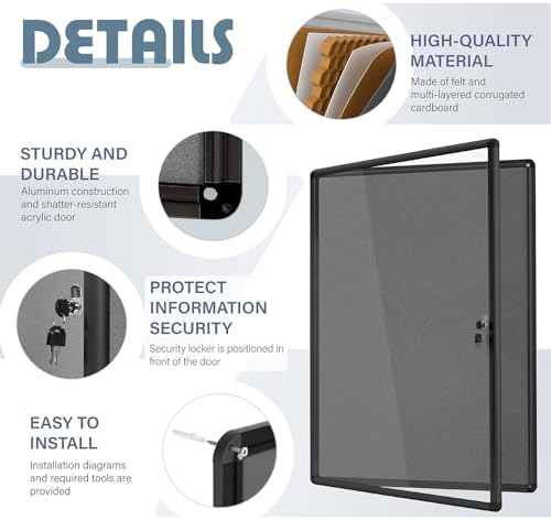 38x28 in Enclosed Bulletin Board Locking Display Case, Grey Felt