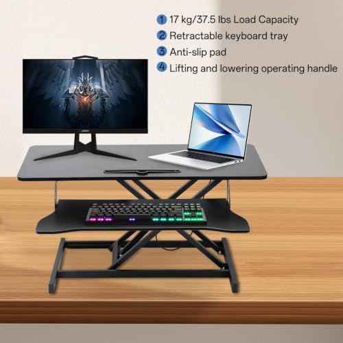 37" Desk Converter, Height Adjustable Stand Up Desk Converter, 2 Monitor Standing, Sit to Stand, Quick Sit to Tabletop, Riser Workstation with Wide Keyboard Tray