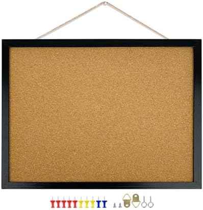 GDMINLO Black Cork Bulletin Board, 17.7 X 13.3 inches with Oak Wood Finish Frame, for Wall Office Home and School (Pins, Eye Bolts, gaskets, Screws)