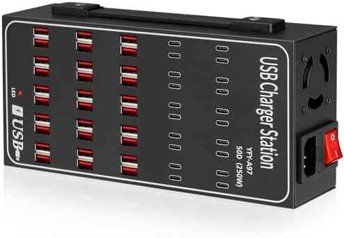 250W USB~c Charging Station, 50 Port (30 USB A & 20 USB~C Port) USB~C Charger Block, Fast Charging Station for Multiple Devices, Desktop USB Charger Compatible for iPhone, iPad, Tablets