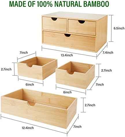 Charmewooden Bamboo Desk Organizer With Drawers Countertop Drawers Counter Storage Box Corner Desk Organizer for Home Office No Assembly Required (3 Drawers)