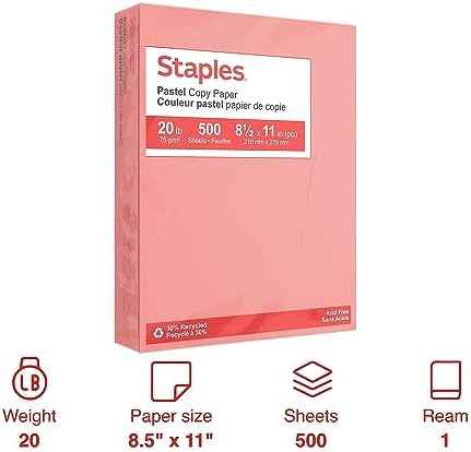 Staples Pastel Colored Copy Paper 8 1/2-Inch X 11-Inch Salmon 500/Ream, For Office, School & Home