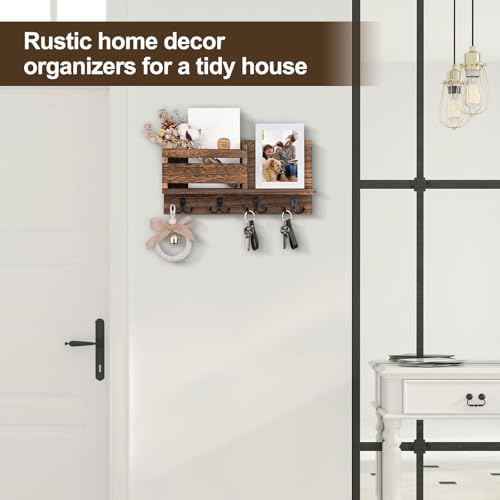 Key and Mail Holder for Wall Decorative - Rustic Mail Organizer Wall Mount, Wooden Letter Sorter Organizer with 4 Key Rack Hooks for Hallway Kitchen Farmhouse Decor (Brown)