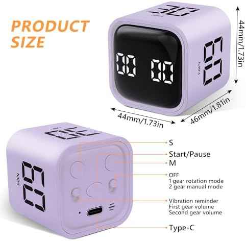 GuDoQi Multi-Function Cube Timer, 5/10/30/60 Min & Custom Count Down, Included Pause & Resume Feature, Silent, Vibrate & Adjustable Sound Alarm for Productivity in Tasks, Study & Kitchen, Purple