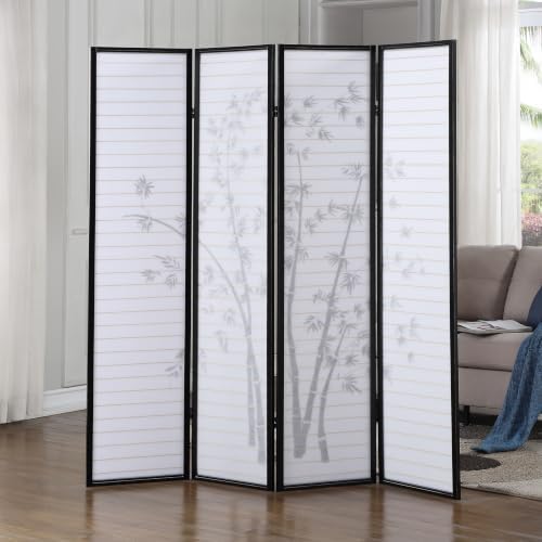 Roundhill Bamboo Print 4-Panel Framed Room Screen/Divider, black