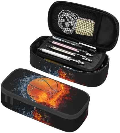 Basketball Pencil Box Black Kids Pencil Case for Boys Youth, Big Capacity Canvas Pen Pouch Marker Bag, Portable Travel Storage Box Desk Office Organizer, Sports-Themed Stationery Organization Bag