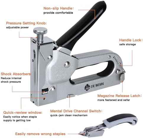Upholstery Staple Gun Heavy Duty, DEWBIN 4 in 1 Stapler Gun with 2000 Staples, Manual Brad Nailer Power Adjustment Furniture Stapler Gun for Wood, Carpentry, Decoration DIY Staple Gun