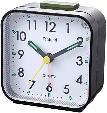 Tinload Small Battery Operated Analog Travel Alarm Clock Silent Non Ticking, Gentle Wake, Ascending Beep Sounds, Snooze,Lighted on Demand, Easy Set(Black)