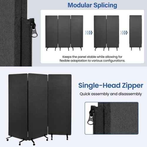 72in 3-Panel Soundproof Room Divider with Wheels, Heavy-Duty Acoustic