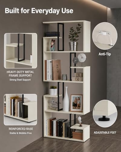 Manora Modern Geometric Bookshelf, 4 Tier Tall Bookcase with Open Display Shelves, Freestanding Storage Organizer for Living Room, Home Office, Bedroom, Rustic Industrial Narrow Shelf Unit, Off-White