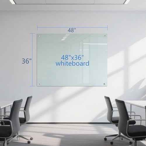 Glass Dry Erase White Board - 48 x 36 Inches Magnetic Glass Whiteboard for Wall Mounted, 4' x 3' Frameless Boards for Classroom Home, Office Supplies
