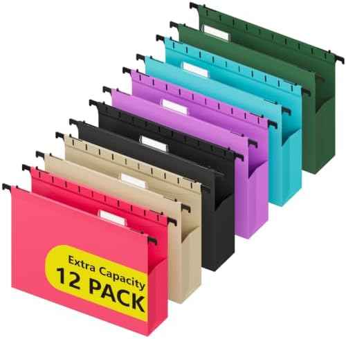 12 Pack Extra Capacity Plastic Hanging File Folders,2 Inch Expanding Pocket