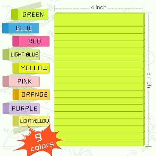 (18 Pads) Lined Sticky Notes 4x6 in Post, 9 Bright Colors