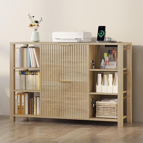 Filing Cabinet for Home Office, Fluted Wood File Cabinet with 2 Drawers Fit Letter/Legal/A4 Folders with Tabs, 43.3"W Printer Stand with Lock & 2 Power Outlets, 6 Storage Shelves (Natural Oak)