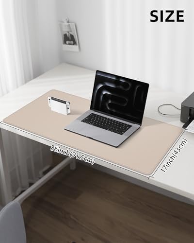 Leather Desk Protector, Large Mouse Pad, Non-Slip, Waterproof PU Leather Blotter Mat, Desk Cover for Office and Home (Beige, 36" x 17")