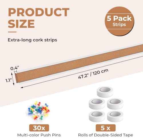 5 Pack Cork Board Strips for Wall - 47.2" x 1.1" Bulletin Bar Strip