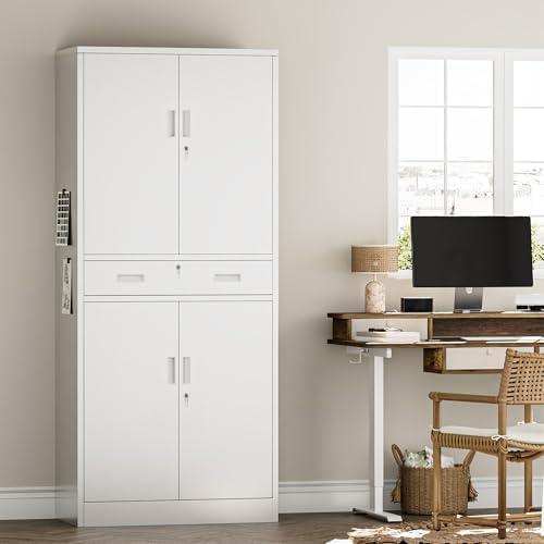 Metal Storage with 1 Drawer, 71" Cabinet with 4 Locking Doors and 2 Adjustable Shelves, Steel Storage File Cabinet for Pantry, Kitchen, Office, Garage (White)