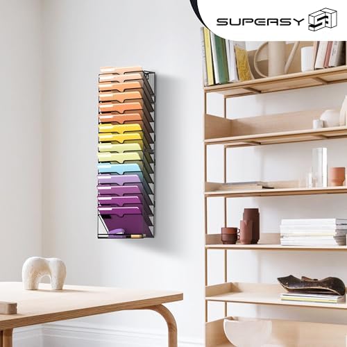 SUPEASY 16-Tier Hanging Wall File Holder Organizer for Papers, Folders, Files Clipboard & Magazine Organization Great for Office Home, Assembly Needed, Black