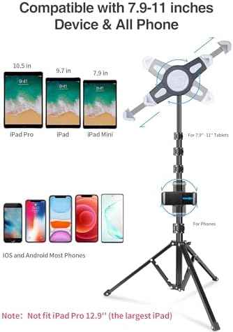 elitehood iPad Tripod Stand, Aluminum Alloy iPad Stand, 360 Rotation Adjustable Height iPad Stand Holder for Floor, Universal Compatible with All 7.9-11 Inch Tablet