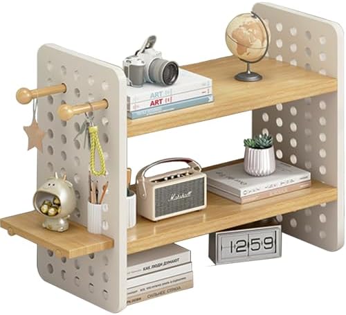 Wooden Desk Shelf Organizer with Adjustable Tiers and Side Hooks
