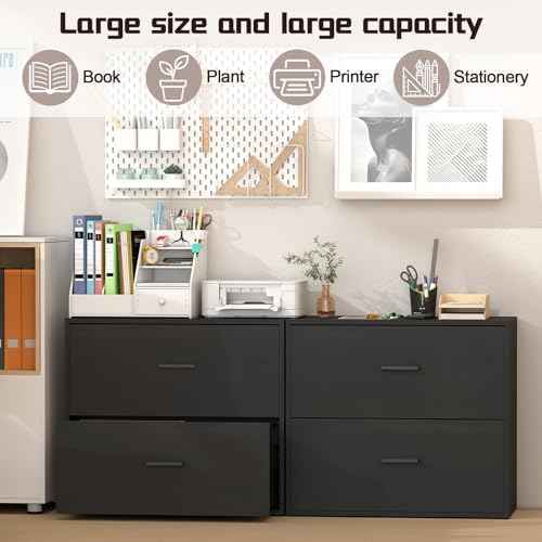 2 Drawer Lateral File Cabinet, Printer Stand Black Filing Cabinets for Home Office and School, Wood Rattan File Cabinet for Hanging Files/Letter, Black