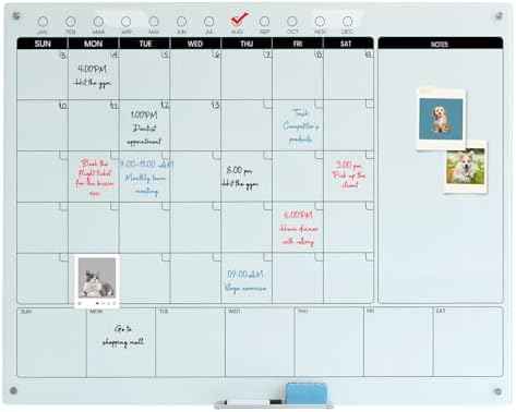 Magnetic Glass Whiteboard Calendar 48"x36" Glass Dry Erase Calender Board 36"x48" Monthly Plan White GlassBoard Wall Mounted for Office School Home (White)