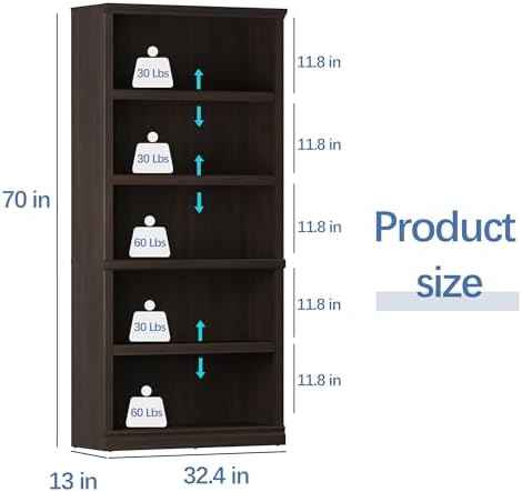 blini 5-Shelf Tall Bookcase Wooden Bookshelves 33in Wide Floor