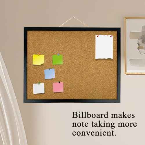 GDMINLO Black Cork Bulletin Board, 17.7 X 13.3 inches with Oak Wood Finish Frame, for Wall Office Home and School (Pins, Eye Bolts, gaskets, Screws)