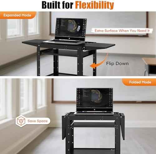 All-Steel Rolling AV Cart with Adjustable Height & Built-in Power – Heavy-Duty Media Workstation with Drop-Leaf Shelves & Wheels for Projectors, Laptops, Printers – Classroom, Office & Studio, Black