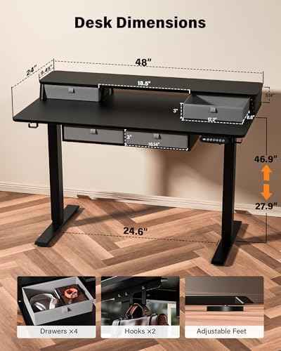 FiCiHi 48x24 Inch Electric Standing Desk, 4 Drawers, Adjustable Height Desk