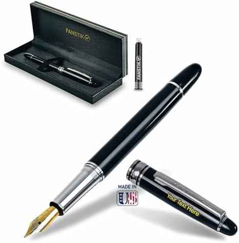 FANSTIK, Customized Fountain pen with name (MADE IN USA), stainless steel, black and silver, luxury engraved pen personalized for men and for women. (Fountain Black-Silver)