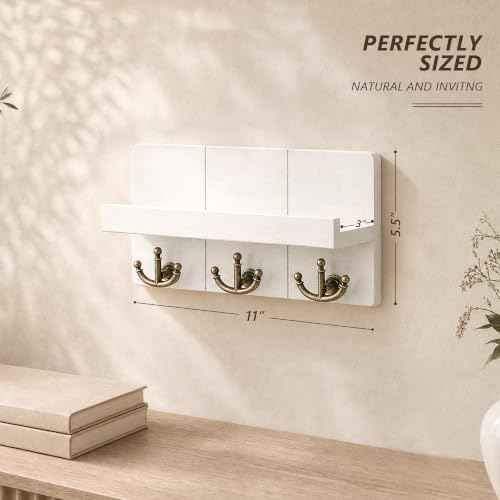 Rebee Vision Key Holder Wall Mount with 3 Anchor Hooks for Entryway, White